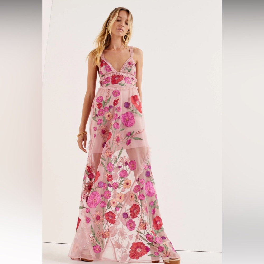 For Love Lemons Kaylee Bold Vibrant Floral Embroidered Sheer Maxi Dress
